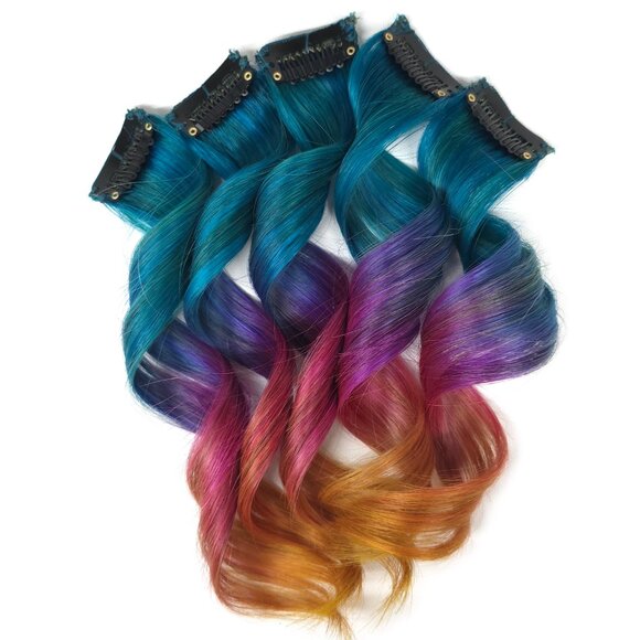 10 inch Aqua Blue Rainbow Ombre Remy Clip in Human Hair Extensions